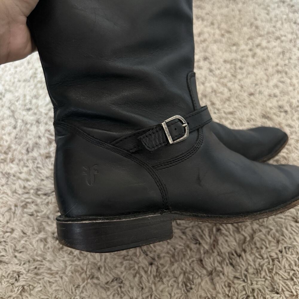 FRYE Shirley Black Leather Equestrian Riding Boots 7 Tall Knee High Western - Picture 9 of 12